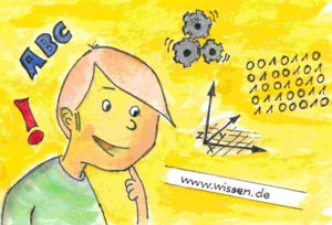 Zeichnung eines Kindes um das herum Buchstaben, ineinander greifende Zahnräder, ein Koordinatensystem, binäre Zahlen und eine Internetadresse gruppiert sind; Zeichnung (c) Uwe Johnson-Bibliothek