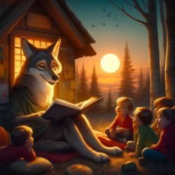 Ein lieber Wolf liest Menschenkindern in der Dämmerung aus einem Buch vor; KI-generiertes Bild, Dall-E 3