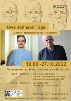 Plakat für die Uwe Johnson Tage 2022 mit den Veranstaltungen am 20. und 22. September und Fotografien von Benjamin Quaderer und Torsten Schulz